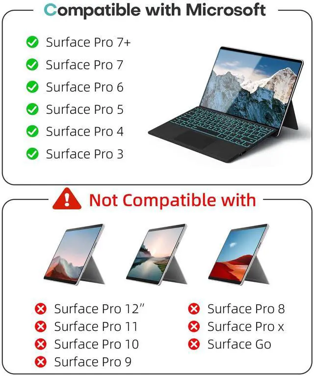 Alt view image 2 of 5 - Surface Pro Keyboard for Microsoft Surface Pro 7/6/5/4/3 7 Plus 12.3 inch, 7 Color Backlit Wireless Type Cover, Bluetooth Ultra-Slim Portable Ergonomic Keyboard with Trackpad, Rechargeable Battery