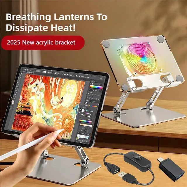 Alt view image 2 of 5 - Craftreasure Acrylic Tablet Stand Holder - with A Fan and RGB Lighting, Adjustable ipad Mount for Desk,Compatible with 4.7-12.9inch Device Such as iPad Pro Air Mini and More