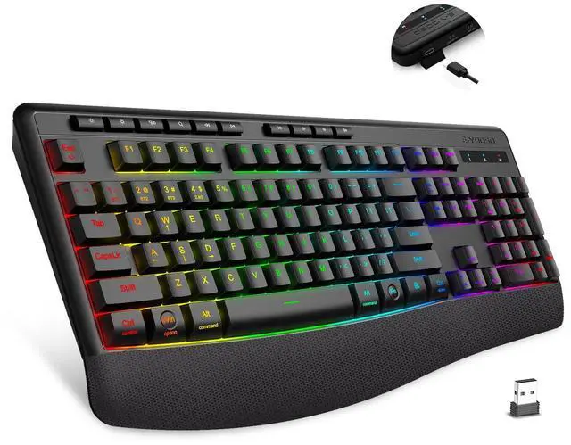 Main image of Wireless Bluethooth RGB Backlit Rechargeable Keyboard,Ergonomic Wrist Rest,Silent Touch Less Noise 90%,Full Size With Number Pad,Tri-mode BT5.0/2.4GHz/USB C Wired,For Win/Mac/PC Computer/Laptop/Office