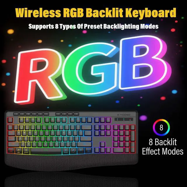 Alt view image 2 of 5 - Wireless Bluethooth RGB Backlit Rechargeable Keyboard,Ergonomic Wrist Rest,Silent Touch Less Noise 90%,Full Size With Number Pad,Tri-mode BT5.0/2.4GHz/USB C Wired,For Win/Mac/PC Computer/Laptop/Office