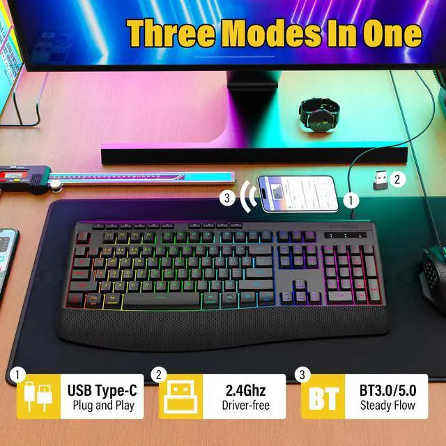 Alt view image 5 of 5 - Wireless Bluethooth RGB Backlit Rechargeable Keyboard,Ergonomic Wrist Rest,Silent Touch Less Noise 90%,Full Size With Number Pad,Tri-mode BT5.0/2.4GHz/USB C Wired,For Win/Mac/PC Computer/Laptop/Office