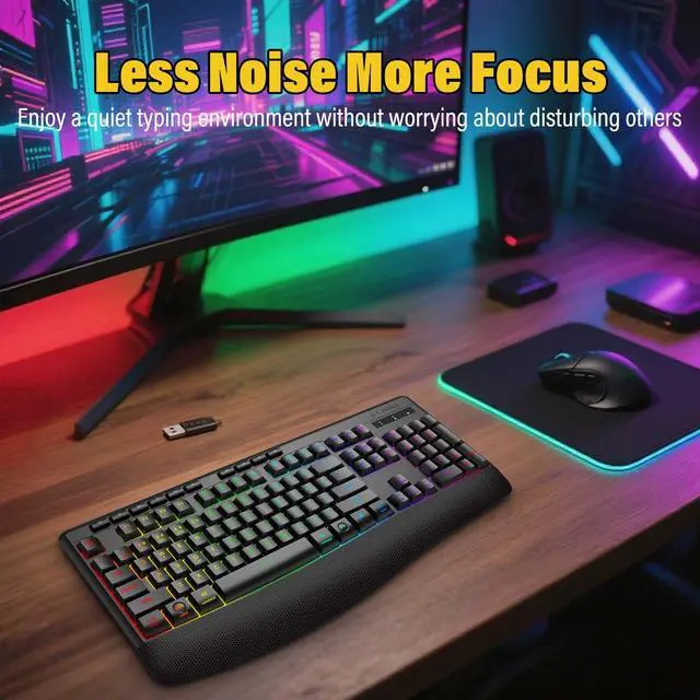 Alt view image 4 of 5 - Wireless Bluethooth RGB Backlit Rechargeable Keyboard,Ergonomic Wrist Rest,Silent Touch Less Noise 90%,Full Size With Number Pad,Tri-mode BT5.0/2.4GHz/USB C Wired,For Win/Mac/PC Computer/Laptop/Office