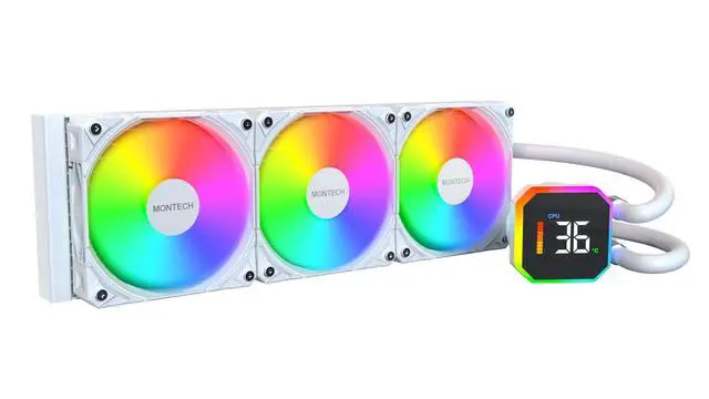 Main image of MONTECH HyperFlow Digital 360 CPU Liquid Cooler, 360mm AIO with 3100RPM Pump, 3×120mm E28 ARGB Fans, Real-Time Digital Display, Intel & AMD Support (White)