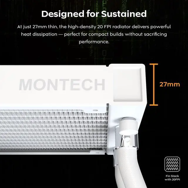 Alt view image 5 of 5 - MONTECH HyperFlow Digital 360 CPU Liquid Cooler, 360mm AIO with 3100RPM Pump, 3×120mm E28 ARGB Fans, Real-Time Digital Display, Intel & AMD Support (White)