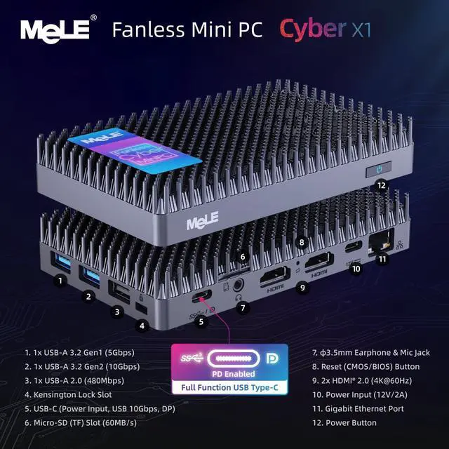 Alt view image 2 of 5 - MeLE Cyber X1 Fanless Mini PC, 32GB LPDDR5 512GB ROM Micro PC, Twin Lake N150(up to 3.6GHz) USB-C 2 X HDMI 4K@60 Triple Display Small Form Factor Desktop Computers with VESA Mount for Home/Office
