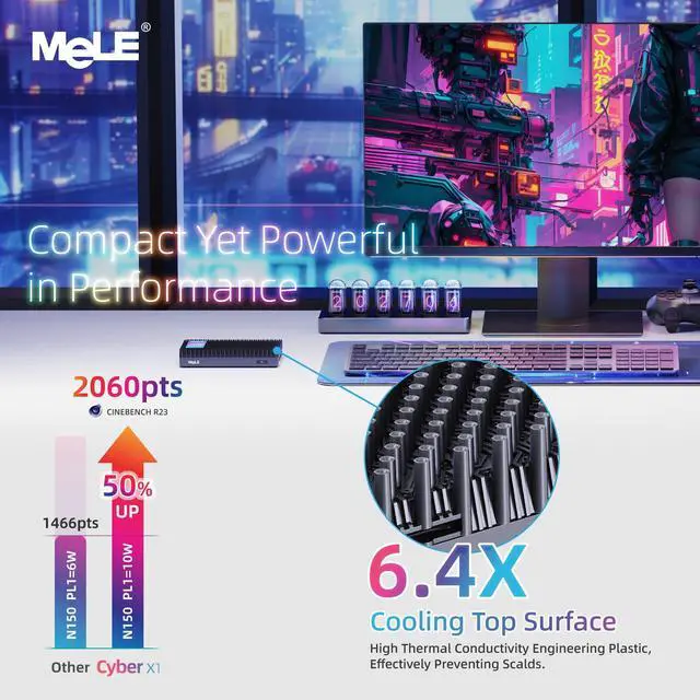 Alt view image 4 of 5 - MeLE Cyber X1 Fanless Mini PC, 32GB LPDDR5 512GB ROM Micro PC, Twin Lake N150(up to 3.6GHz) USB-C 2 X HDMI 4K@60 Triple Display Small Form Factor Desktop Computers with VESA Mount for Home/Office