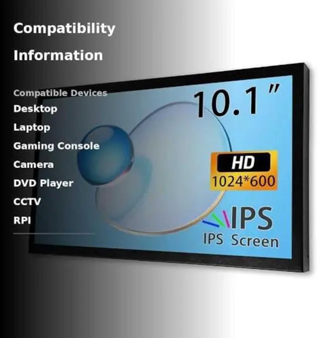 Alt view image 3 of 5 - JniTyOpt 10.1-inch HDMI/VGA/AV Input Display with 1024 * 600 high-Definition Full View Module, Built-in Speaker, Computer Secondary Screen for Windows System, Monitor for RPI DVDCCTV No Touch
