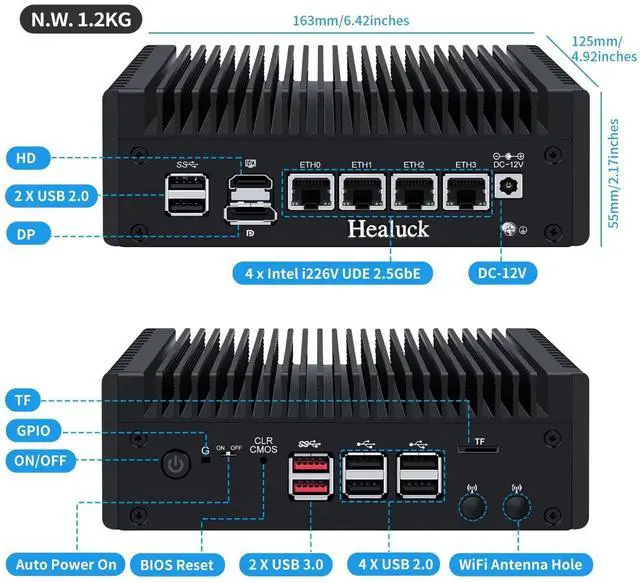 Alt view image 5 of 5 - Healuck Firewall Mini PC N150 Quad Core, 4 x 2.5GbE i226V LAN, DDR5 8GB RAM 128GB NVMe SSD, Fanless Computer Hardware, Micro Router Appliance, AES-NI, OPNsense, TF Slot, Support 1v4 Nvme Adapter