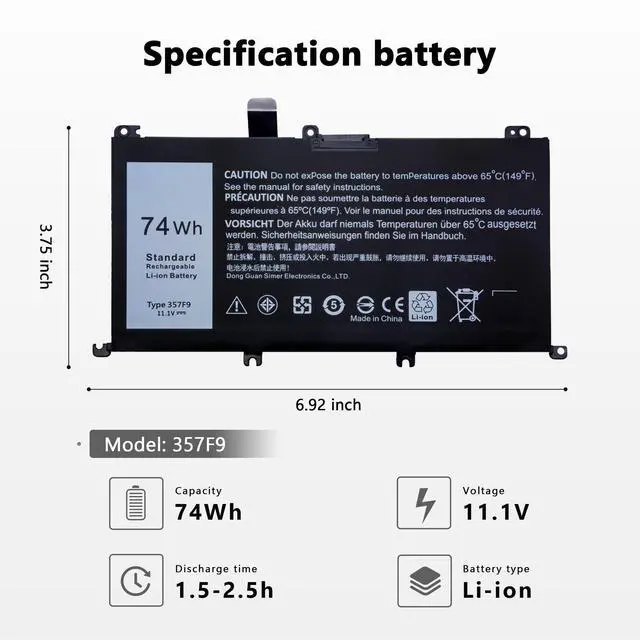 Alt view image 2 of 5 - 357F9 Battery for Dell Inspiron 15 7000 7559 7567 7566 7759 7557 5577 INS15PD-1548B/1548R ,74Wh 11.1V (Compatible 11.4V),Replacement Laptop Battery, P57F P57F003 P65F P65F001 0GFJ6 71JF4 0GFJ6 071JF4