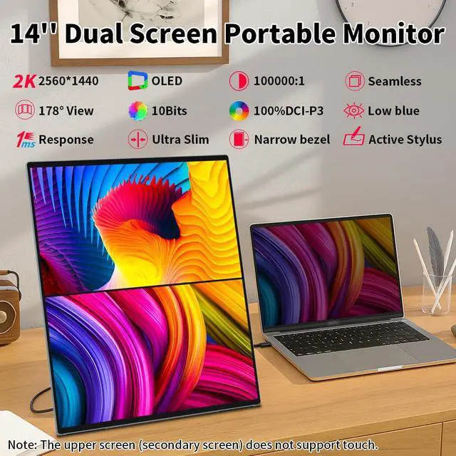 Alt view image 2 of 5 - Magedok Dual Monitor 14 Inch 2K OLED,Portable Touch Monitor for Laptop Extender| 2K |100% DCI P3|Plug-Play|Stand- VESA| |Slim-Frameless| Computer Triple Display Laptop PC Windows Mac