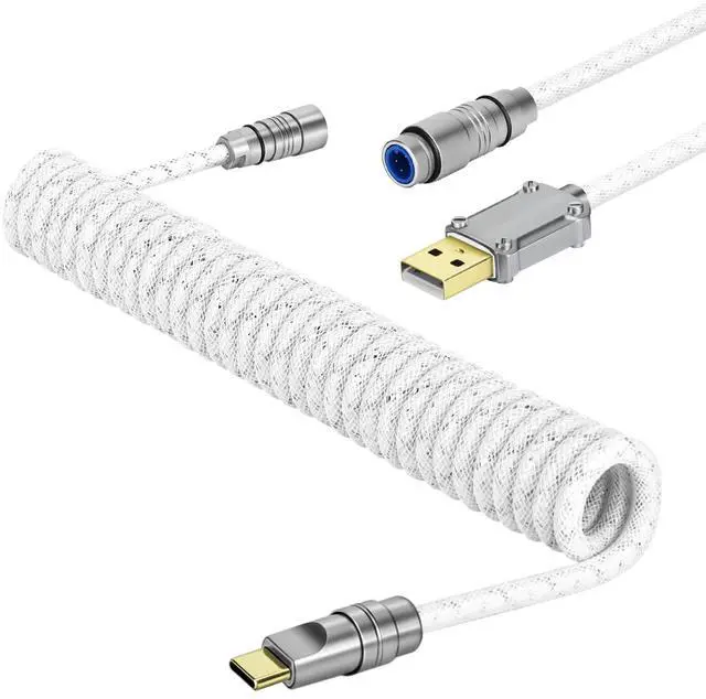 Main image of Yindiao MANBASNAKE C05 Custom Coiled Cable,Double-Sleeved Aviator Cable with CNC Copper,USB C to USB A Cable with Detachable Aviator Connector for Mechanical Gaming Keyboards/PC/Phone 5.2ft-White