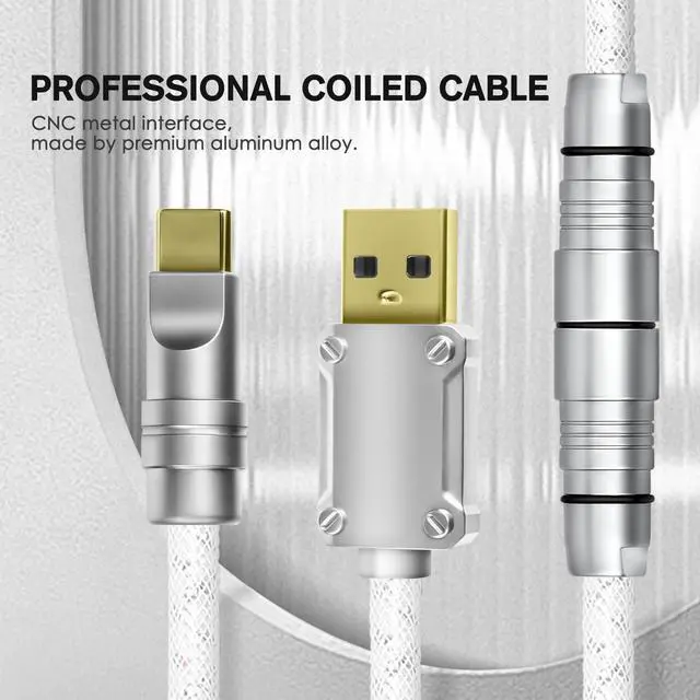Alt view image 4 of 5 - Yindiao MANBASNAKE C05 Custom Coiled Cable,Double-Sleeved Aviator Cable with CNC Copper,USB C to USB A Cable with Detachable Aviator Connector for Mechanical Gaming Keyboards/PC/Phone 5.2ft-White