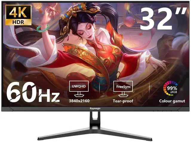 Main image of Raywego 32 inch 4K Gaming Computer Monitor 60Hz UWQHD 3840x2160,99% sRGB,HDR10, FreeSync,Low Input Lag, Billions of Colors, PIP/PBP, Slim Bezel,VESA Mount HDMI/DP Eye-Care for Gaming Graphic Design
