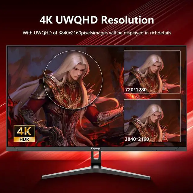 Alt view image 3 of 5 - Raywego 32 inch 4K Gaming Computer Monitor 60Hz UWQHD 3840x2160,99% sRGB,HDR10, FreeSync,Low Input Lag, Billions of Colors, PIP/PBP, Slim Bezel,VESA Mount HDMI/DP Eye-Care for Gaming Graphic Design