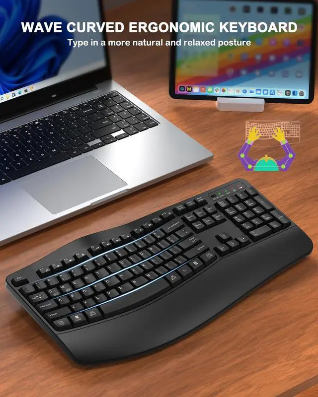 Alt view image 2 of 5 - Ergonomic Wireless Keyboard with Wrist Rest, Wave Keys, Comfortable Natural Typing, 2.4GHz Full Size Ergo Wireless Computer Keyboard for Multi-OS, Windows, Mac OS Laptop/PC/Notebook (Black)