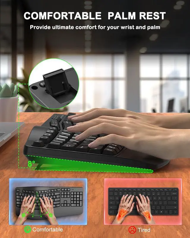 Alt view image 3 of 5 - Ergonomic Wireless Keyboard with Wrist Rest, Wave Keys, Comfortable Natural Typing, 2.4GHz Full Size Ergo Wireless Computer Keyboard for Multi-OS, Windows, Mac OS Laptop/PC/Notebook (Black)