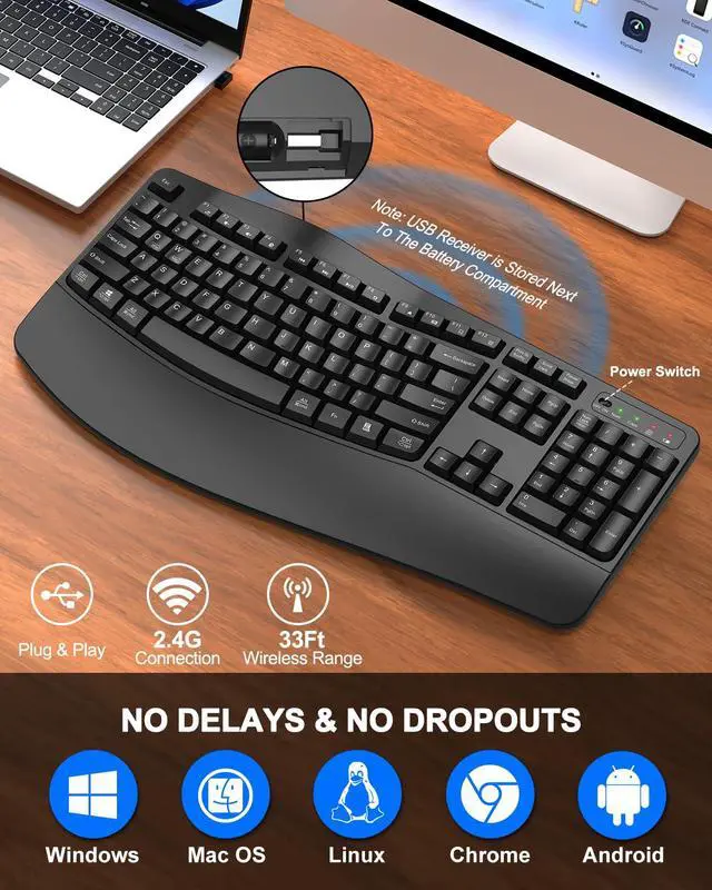 Alt view image 4 of 5 - Ergonomic Wireless Keyboard with Wrist Rest, Wave Keys, Comfortable Natural Typing, 2.4GHz Full Size Ergo Wireless Computer Keyboard for Multi-OS, Windows, Mac OS Laptop/PC/Notebook (Black)