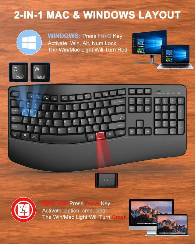 Alt view image 5 of 5 - Ergonomic Wireless Keyboard with Wrist Rest, Wave Keys, Comfortable Natural Typing, 2.4GHz Full Size Ergo Wireless Computer Keyboard for Multi-OS, Windows, Mac OS Laptop/PC/Notebook (Black)