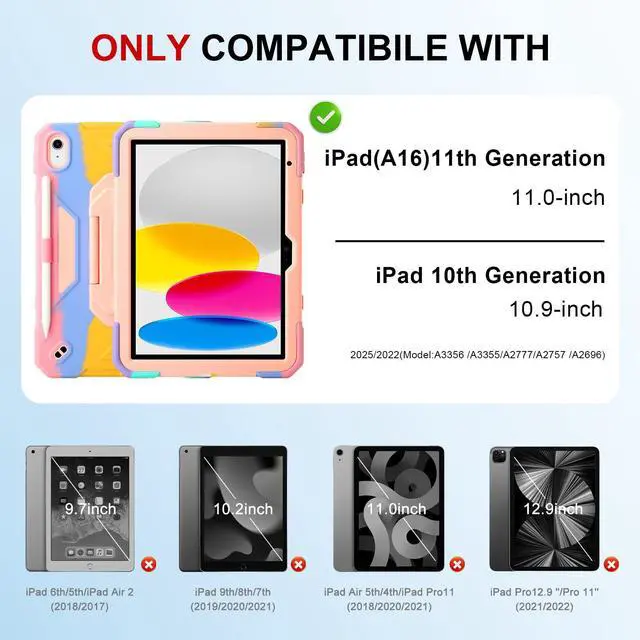 Alt view image 2 of 5 - Case for iPad 11th (A16) 11" 2025, iPad 10th Generation 10.9" 2022,Military Grade Shockproof iPad Case Built-in 360° Rotating Stand/Pen Slot/Shoulder Strap, for iPad 11th Gen/10th Gen(Colorful)