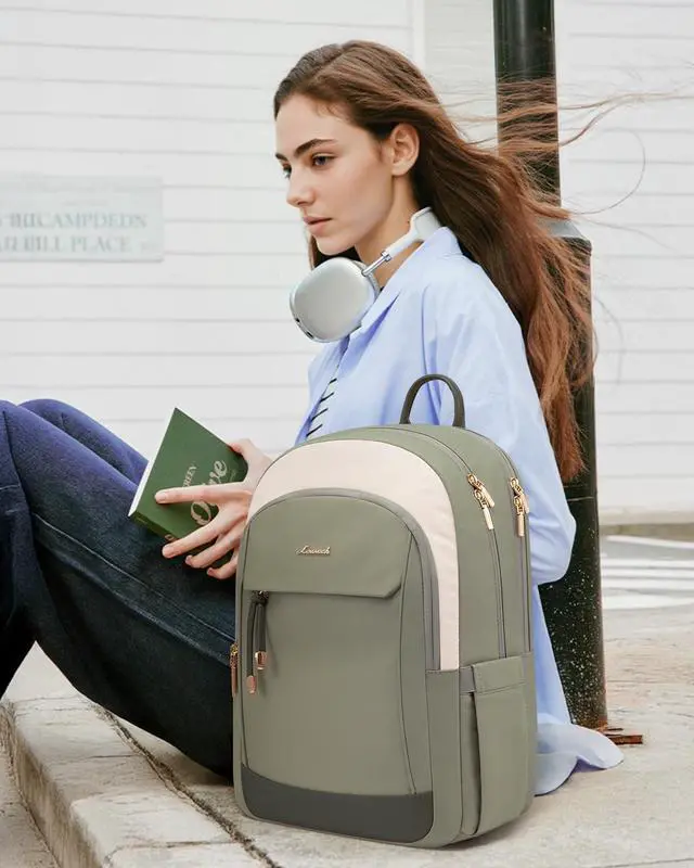 Alt view image 2 of 5 - LOVEVOOK Laptop Backpack for Women, 15.6 inch Waterproof College Backpack Woman with Laptop Compartment Computer Bag Travel Backpack Purse, Large Black Computer Daypack for Work Casual, Beige green