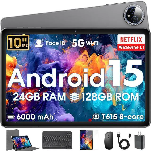Main image of Android 15 Tablet 10 inch,24GB RAM 128 ROM,Tablets with Keyboard Case Mouse Stylus,1TB Expandable,Octa-Core 6000mAh 1280x800 IPS HD,5G WiFi,T615 CPU,High Performance,Processor,Dual Camera(Gray)