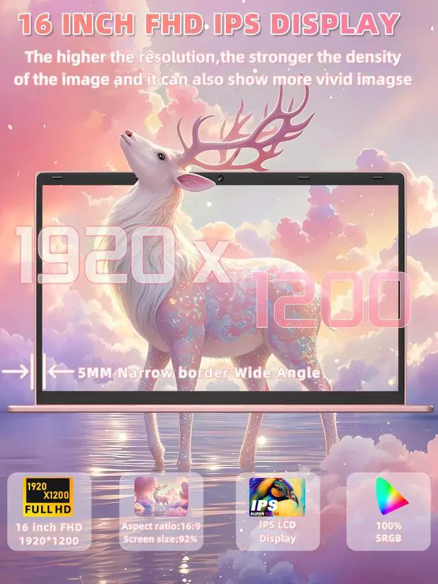 Alt view image 2 of 5 - Rumtuk 16" Rose Gold Laptop, Celeron N5105 CPU, DDR4 16GB RAM, FHD IPS Display, Backlit KBFingerprint Unlock, USB 3.0, HDMI, WiFi/BT, Perfect for Work, Study and Play! (Rose Gold, 16G+256G SSD)