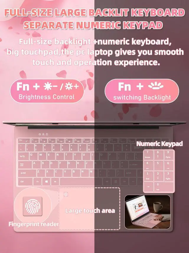 Alt view image 5 of 5 - Rumtuk 16" Rose Gold Laptop, Celeron N5105 CPU, DDR4 16GB RAM, FHD IPS Display, Backlit KBFingerprint Unlock, USB 3.0, HDMI, WiFi/BT, Perfect for Work, Study and Play! (Rose Gold, 16G+256G SSD)