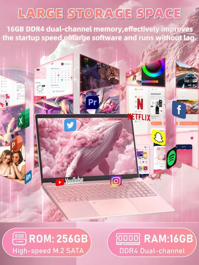 Alt view image 4 of 5 - Rumtuk 16" Rose Gold Laptop, Celeron N5105 CPU, DDR4 16GB RAM, FHD IPS Display, Backlit KBFingerprint Unlock, USB 3.0, HDMI, WiFi/BT, Perfect for Work, Study and Play! (Rose Gold, 16G+256G SSD)