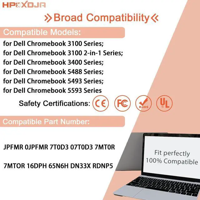 Alt view image 5 of 5 - JPFMR Laptop Battery Replacement for Dell Chromebook 3400 3100 2-in-1 Chromebook 5488 5493 5593 P90F Series Notebook 0JPFMR 7T0D3 07T0D3 7MT0R 7MTOR 16DPH 65N6H DN33X RDNP5 11.4V 42Wh 3500mAh 3Cell