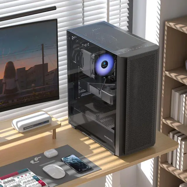 Alt view image 2 of 5 - ATX PC Case, Mid Tower Computer Case with Mesh Front Panel, 4 Fans Preinstalled USB 3.0 Tempered Glass Gaming PC Case, Black ATX Case (P5)