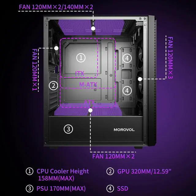 Alt view image 5 of 5 - ATX PC Case, Mid Tower Computer Case with Mesh Front Panel, 4 Fans Preinstalled USB 3.0 Tempered Glass Gaming PC Case, Black ATX Case (P5)