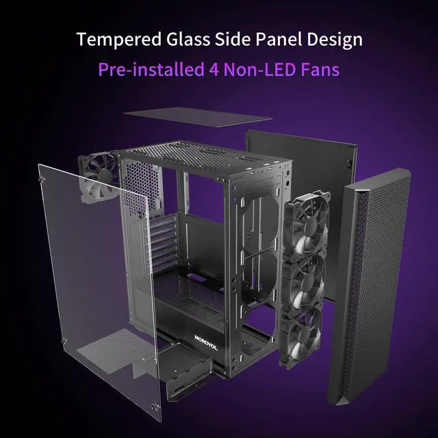 Alt view image 4 of 5 - ATX PC Case, Mid Tower Computer Case with Mesh Front Panel, 4 Fans Preinstalled USB 3.0 Tempered Glass Gaming PC Case, Black ATX Case (P5)