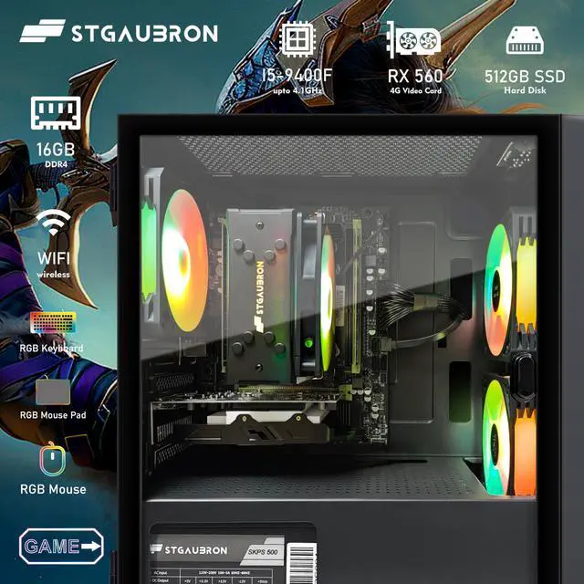 Alt view image 3 of 5 - STGAubron Gaming PC Computer Desktop, Radeon RX 560 4G, Intel Core I5-9400F up to 4.3G, 16G DDR4, 512G SSD, 600M WiFi, BT 5.0, RGB Fan x 3, RGB Mouse Pad, Windows 11 Home
