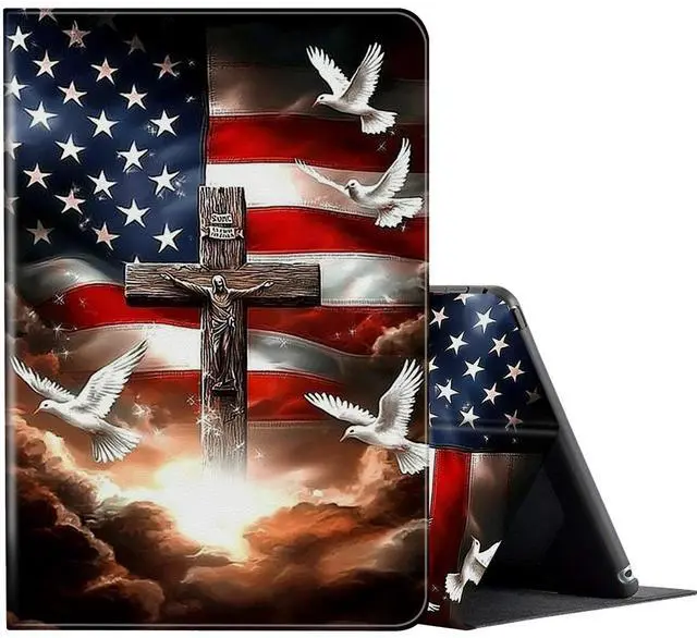 Main image of FUYOCWE for 7" Kindle Paperwhite Case (12th Generation-2024) & Kindle Colorsoft Signature Edition Case,Shockproof Shell Leather Stand Cover w/Auto Sleep Wake-American Flag with Cross Dove
