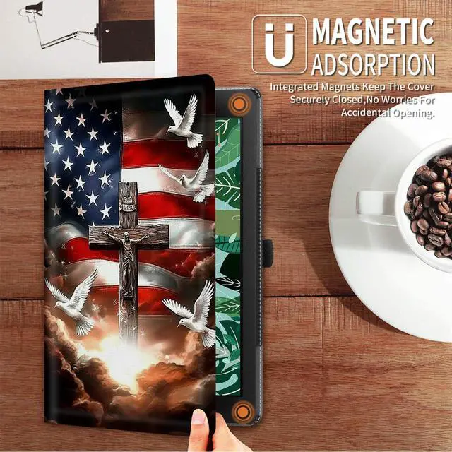 Alt view image 4 of 5 - FUYOCWE for 7" Kindle Paperwhite Case (12th Generation-2024) & Kindle Colorsoft Signature Edition Case,Shockproof Shell Leather Stand Cover w/Auto Sleep Wake-American Flag with Cross Dove
