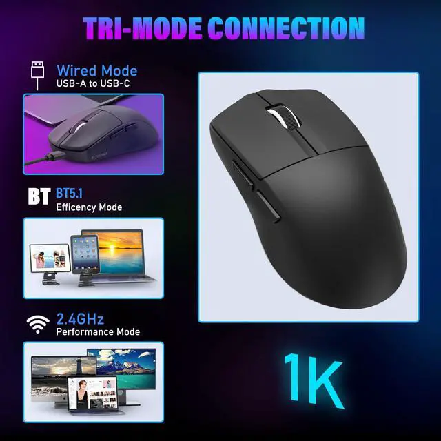 Alt view image 2 of 5 - E-YOOSO XuanGui Rechargeable Wireless Mouse,Bluetooth Mouse for Laptop,Tri-Mode 2.4G/BT5.1/USB C,150 Hour Battery Life,5-Level DPI 4000 Max,50g Lightweight,for Laptop/PC/Computer/Mac/Tablet (Black-2)