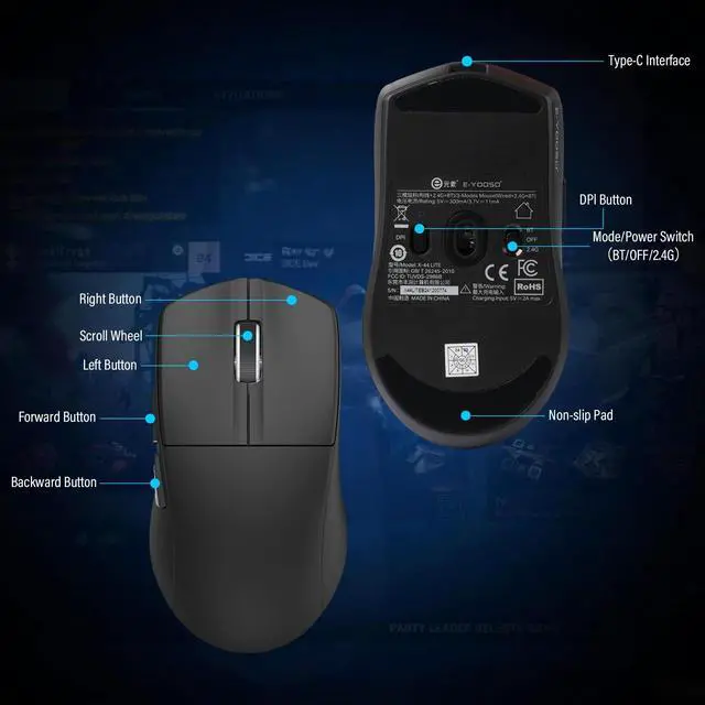 Alt view image 5 of 5 - E-YOOSO XuanGui Rechargeable Wireless Mouse,Bluetooth Mouse for Laptop,Tri-Mode 2.4G/BT5.1/USB C,150 Hour Battery Life,5-Level DPI 4000 Max,50g Lightweight,for Laptop/PC/Computer/Mac/Tablet (Black-2)