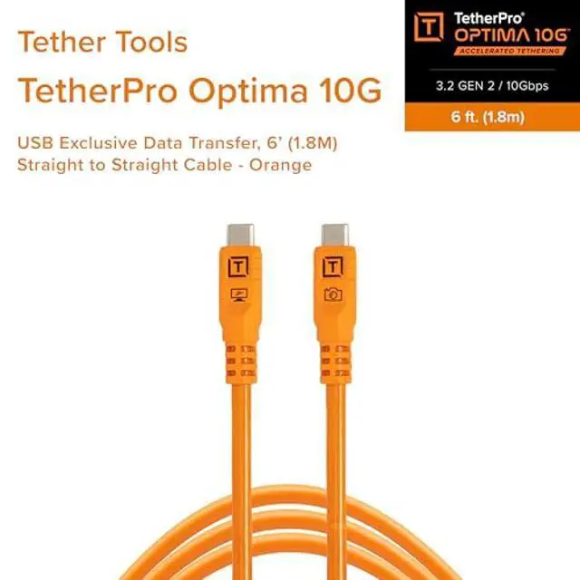 Alt view image 2 of 5 - TetherPro Optima 10Gbps Gen 2 USB-C, 6' (1.8m), Straight to Straight, High-Visibility Orange