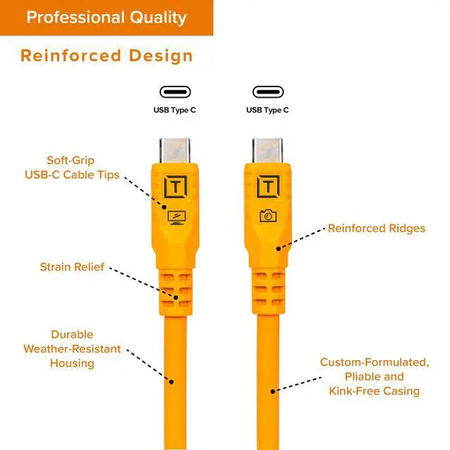 Alt view image 4 of 5 - TetherPro Optima 10Gbps Gen 2 USB-C, 6' (1.8m), Straight to Straight, High-Visibility Orange
