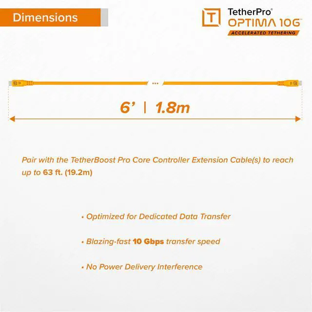 Alt view image 5 of 5 - TetherPro Optima 10Gbps Gen 2 USB-C, 6' (1.8m), Straight to Straight, High-Visibility Orange