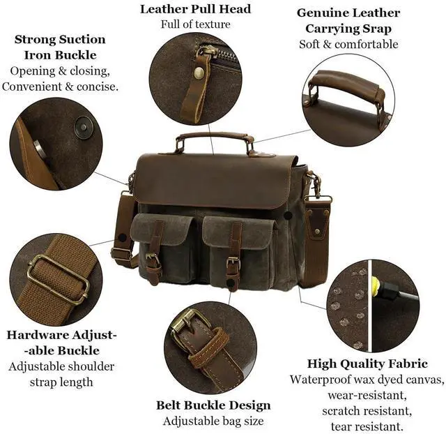 Alt view image 2 of 5 - PAHVRION Mens Messenger Bag 15.6" Waxed Canvas Laptop Bag - Vintage Briefcase with Leather Accents,Unisex Office Crossbody Bag
