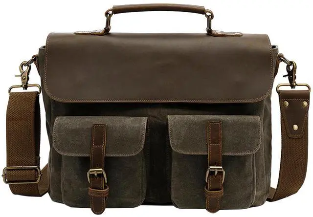 Main image of PAHVRION Mens Messenger Bag 15.6" Waxed Canvas Laptop Bag - Vintage Briefcase with Leather Accents,Unisex Office Crossbody Bag