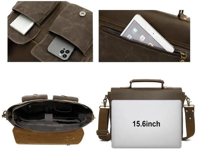 Alt view image 3 of 5 - PAHVRION Mens Messenger Bag 15.6" Waxed Canvas Laptop Bag - Vintage Briefcase with Leather Accents,Unisex Office Crossbody Bag