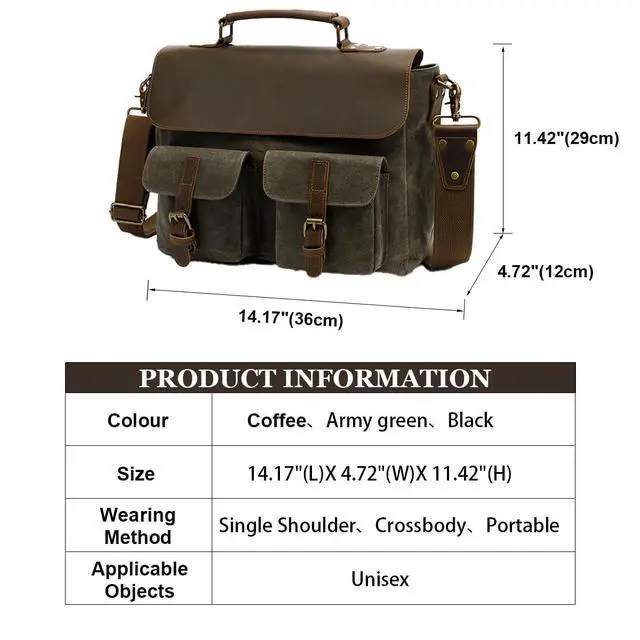 Alt view image 4 of 5 - PAHVRION Mens Messenger Bag 15.6" Waxed Canvas Laptop Bag - Vintage Briefcase with Leather Accents,Unisex Office Crossbody Bag