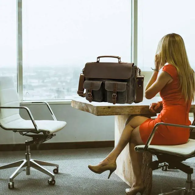 Alt view image 5 of 5 - PAHVRION Mens Messenger Bag 15.6" Waxed Canvas Laptop Bag - Vintage Briefcase with Leather Accents,Unisex Office Crossbody Bag