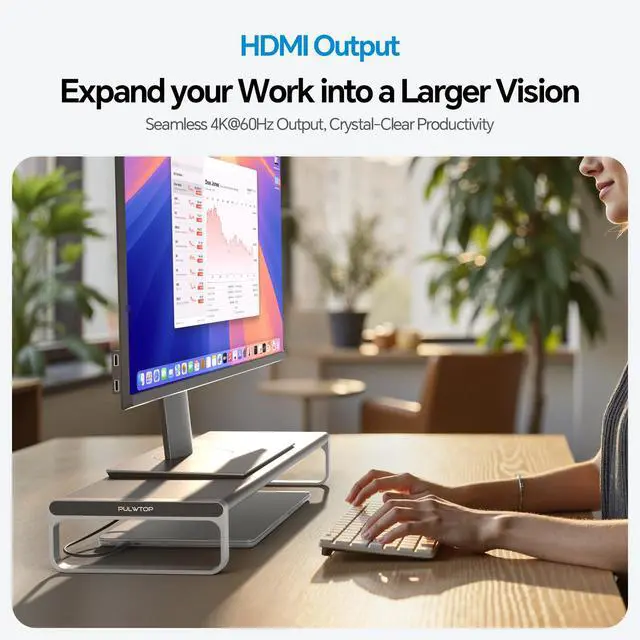 Alt view image 3 of 5 - PULWTOP MacBook Docking Station Monitor Stand, 13-in-1 USB C Laptop Docking Station with 6 USB A/C Ports (Data & Max 60W Charging), 4K HDMI, SD/TF, 3.5mm Audio, Ethernet for MacBook, Mac mini