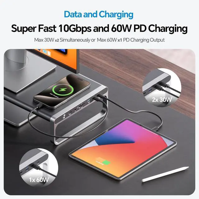 Alt view image 4 of 5 - PULWTOP MacBook Docking Station Monitor Stand, 13-in-1 USB C Laptop Docking Station with 6 USB A/C Ports (Data & Max 60W Charging), 4K HDMI, SD/TF, 3.5mm Audio, Ethernet for MacBook, Mac mini