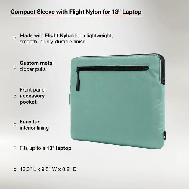 Alt view image 2 of 5 - Incase Compact Laptop Sleeve with Flight Nylon - 13 inch Laptop Sleeve for MacBook Air - Faux Fur Lining, Lightweight, Durable, Weather Resistant, Slip Pocket for Accessories - Desert Green