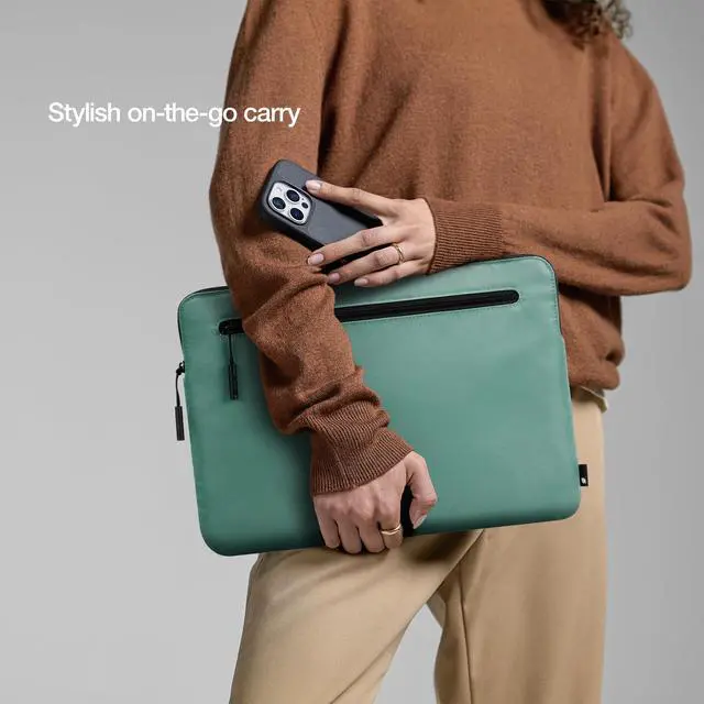 Alt view image 3 of 5 - Incase Compact Laptop Sleeve with Flight Nylon - 13 inch Laptop Sleeve for MacBook Air - Faux Fur Lining, Lightweight, Durable, Weather Resistant, Slip Pocket for Accessories - Desert Green