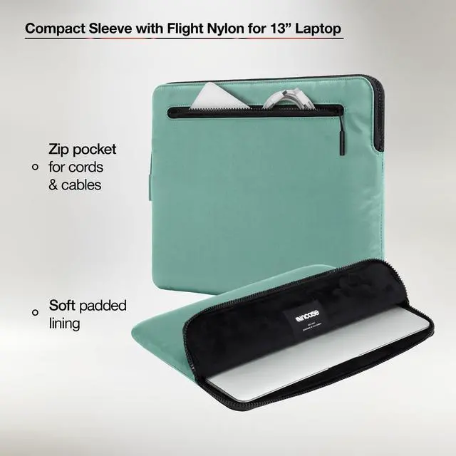 Alt view image 5 of 5 - Incase Compact Laptop Sleeve with Flight Nylon - 13 inch Laptop Sleeve for MacBook Air - Faux Fur Lining, Lightweight, Durable, Weather Resistant, Slip Pocket for Accessories - Desert Green